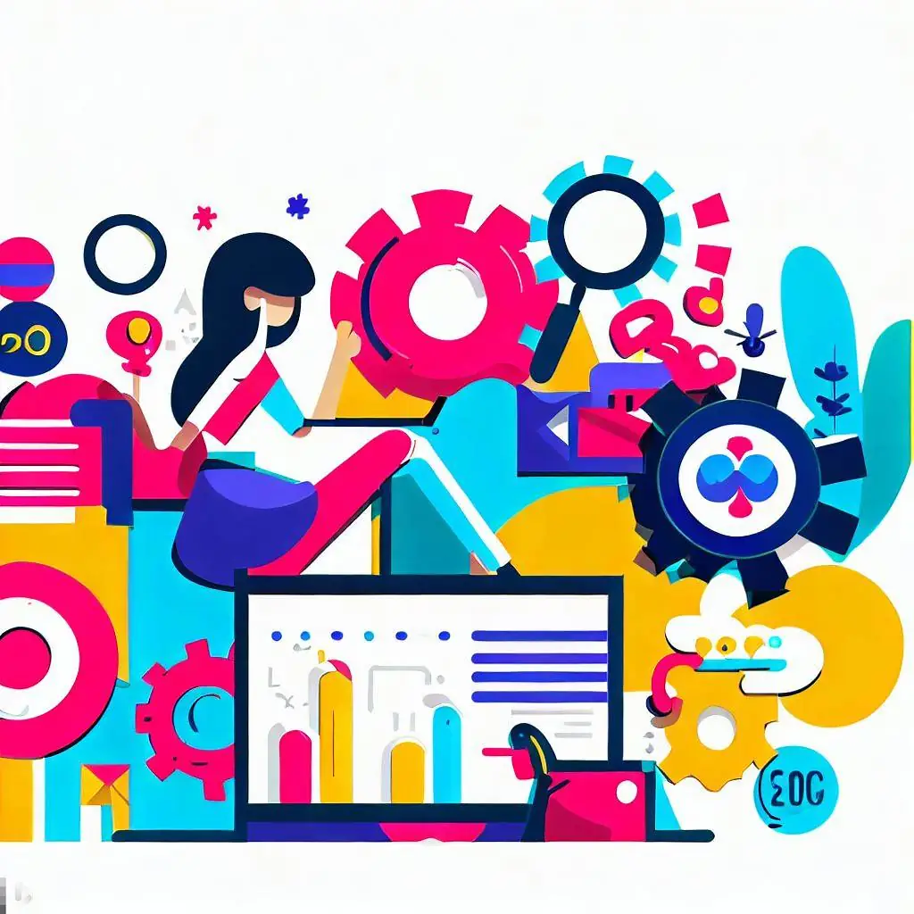 SEO specialist optimizing a website with keyword research, analytics, and search ranking tools